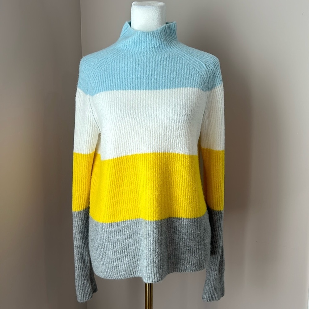 Halogen Striped Mock Neck Sweater White Blue Yellow Gray Small - Picture 2 of 6